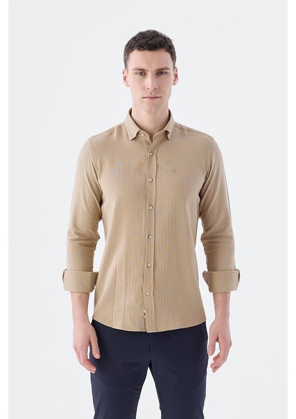 Camel Comfort Fit Düğmeli Yaka Esnek Kumaş Pamuklu Gömlek