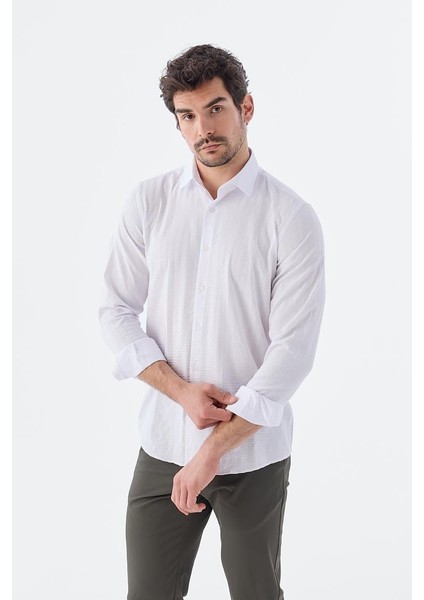 Beyaz Comfort Fit Desenli Esnek Kumaş Pamuklu Spor Gömlek