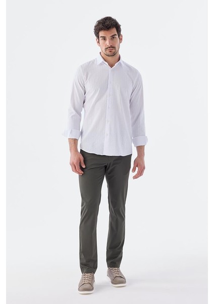 Beyaz Comfort Fit Desenli Esnek Kumaş Pamuklu Spor Gömlek fiyatları