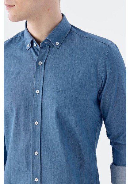 Lacivert Slim Fit Cepli Düğmeli Yaka Pamuk Gömlek modelleri
