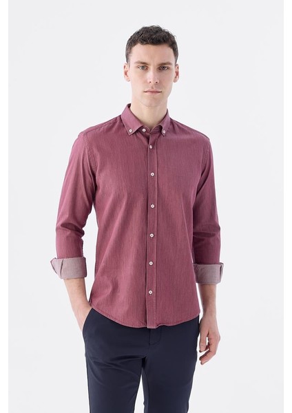 Bordo Slim Fit Cepli Düğmeli Yaka %100 Pamuk Gömlek