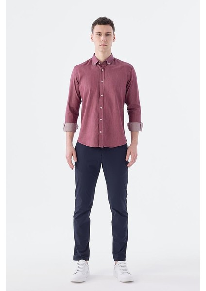 Bordo Slim Fit Cepli Düğmeli Yaka %100 Pamuk Gömlek fiyatları