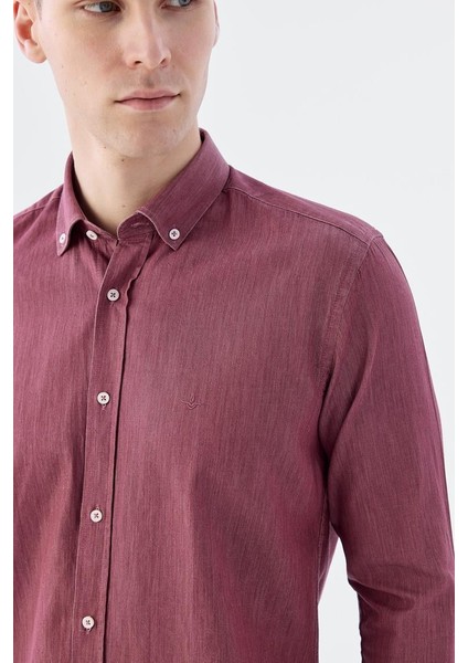 Bordo Slim Fit Cepli Düğmeli Yaka %100 Pamuk Gömlek modelleri
