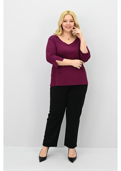 Kadın Büyük Beden Mor Bantlı V Yaka Bluz 1919-25 Şık Tasarım ve Rahat Kullanım fırsatları