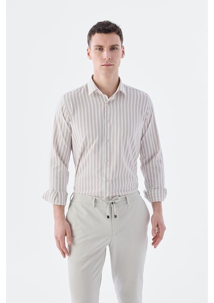 Kahve Comfort Fit Desenli Esnek Kumaş Pamuklu Spor Gömlek