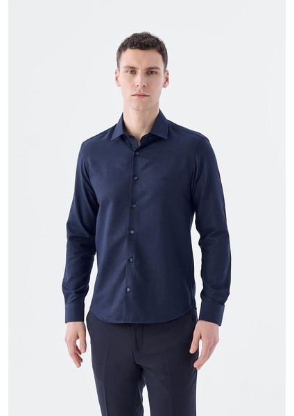 Koyu Lacivert Comfort Fit Düğmeli Yaka Gömlek