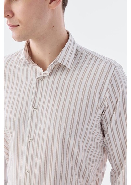 Kahve Comfort Fit Desenli Esnek Kumaş Pamuklu Spor Gömlek modelleri