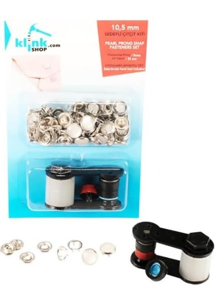 10,5 mm Sedefli Klikıt Bebe Çıtçıt Kendin Yap Kiti,bebek Giysi, Gömlek, Triko, Esnek ve Ince Kumaşlar Için Çekiçle Uygulama Aparatları ve Beyaz Renk 25 Adet Sedefli Tırnaklı Klikıt Çıtçıt