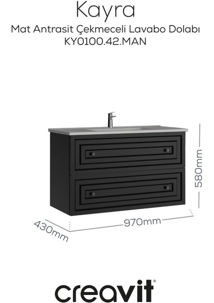 Kayra Lavabo Dolabı Çekmeceli 100CM Mat Antrasit