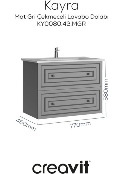 Kayra Lavabo Dolabı Çekmeceli 80CM Mat Gri