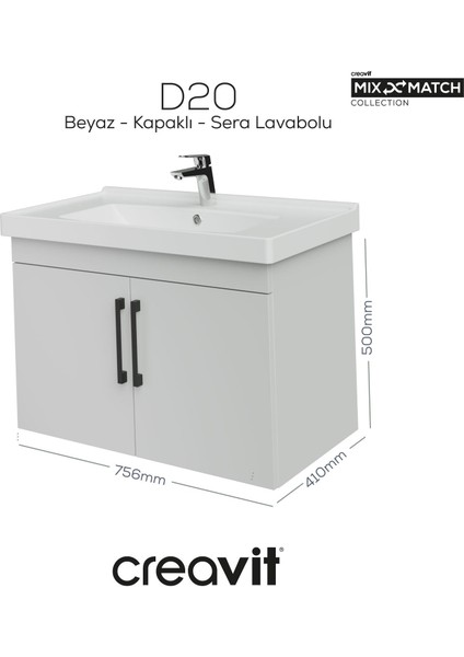 D20 80 cm Kapaklı Lavabo Dolabı Beyaz Melamin Kapak (Demonte)