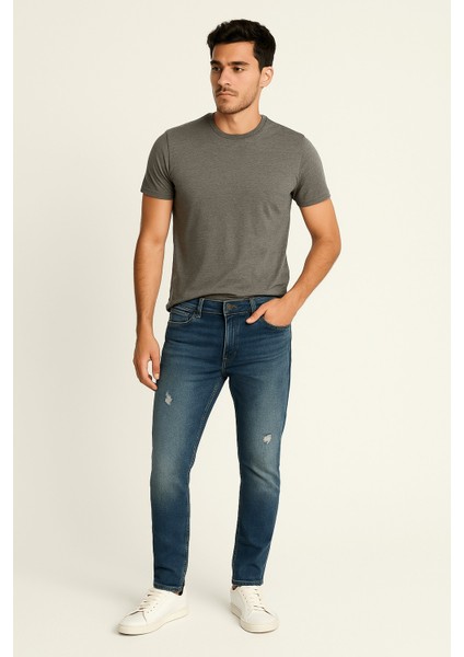Erkek Yırtık Detay Likralı Skinny Fit Açık Mavi Jean Pantolon