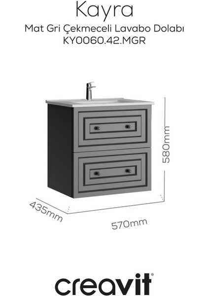 Kayra Lavabo Dolabı Çekmeceli 60CM Mat Gri