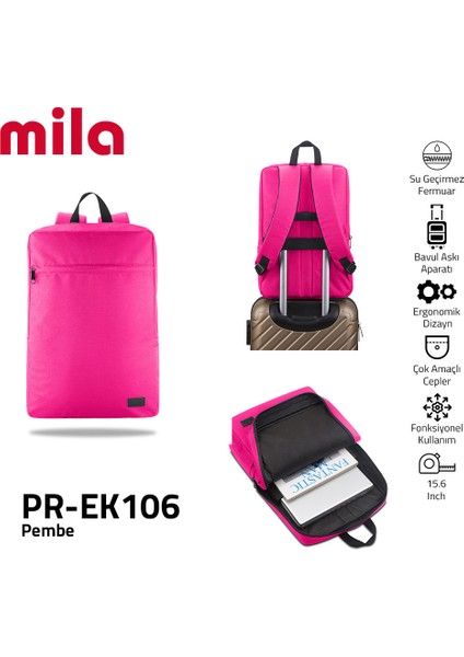 PR-EK106 15.6" Mila Laptop Sırt Çantası,Lenovo,Hp,Asus,Monster,Macbook,Mac Air Uyumlu - Pembe