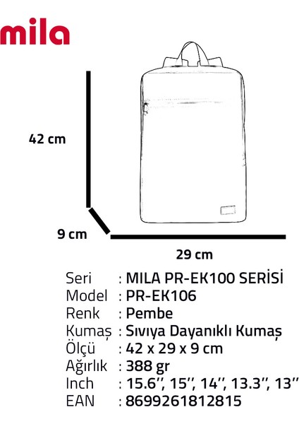 PR-EK106 15.6" Mila Laptop Sırt Çantası,Lenovo,Hp,Asus,Monster,Macbook,Mac Air Uyumlu - Pembe