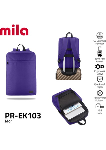 PR-EK103 15.6" Mila Laptop Sırt Çantası,Lenovo,Hp,Asus,Monster,Macbook,Mac Air Uyumlu- Mor