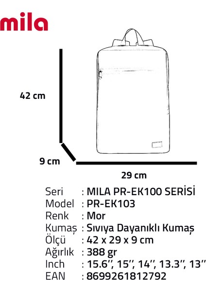 PR-EK103 15.6" Mila Laptop Sırt Çantası,Lenovo,Hp,Asus,Monster,Macbook,Mac Air Uyumlu- Mor