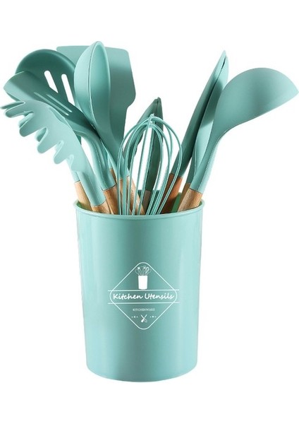 Ahşap Saplı Silikon 12'li Mutfak Aracı Spatula Kaşık Seti (Yurt Dışından)