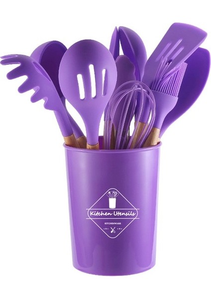 Ahşap Saplı Silikon 12'li Mutfak Aracı Spatula Kaşık Seti (Yurt Dışından)