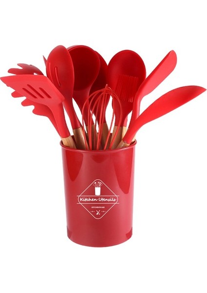 Ahşap Saplı Silikon 12'li Mutfak Aracı Spatula Kaşık Seti (Yurt Dışından)
