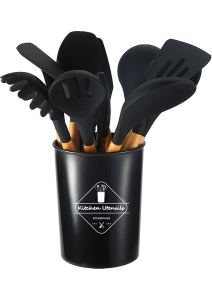 Ahşap Saplı Silikon 12'li Mutfak Aracı Spatula Kaşık Seti (Yurt Dışından)