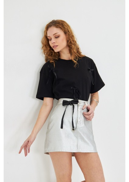 Kurdele Tasarımlı Oversize %100 Pamuk Kadın Tişört modelleri