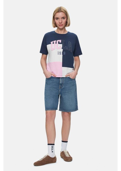 Flores Lacivert Bisiklet Yaka Aplike Nakışlı Loose Fit Kadın Tshirt modelleri