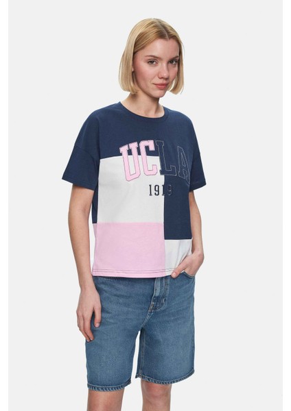 Flores Lacivert Bisiklet Yaka Aplike Nakışlı Loose Fit Kadın Tshirt