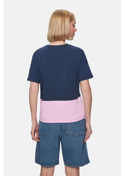Flores Lacivert Bisiklet Yaka Aplike Nakışlı Loose Fit Kadın Tshirt