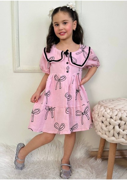 Pamuk Kumaş Kısa Kollu Fiyonk Baskılı Bebe Yaka Kız Çocuk Bebek Elbise