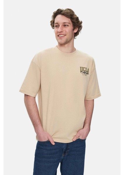 Aspen Sütlü Kahve Bisiklet Yaka Baskılı Oversize Erkek Tshirt