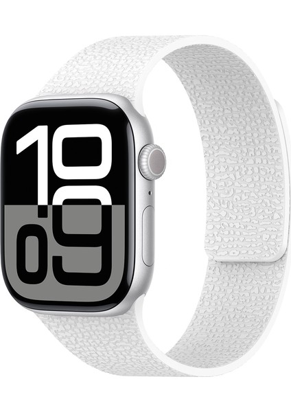 Apple Watch 44MM Kabartma Deri Desenli Güçlü Mıknatıs Yapılı Silikon Kordon Kayış