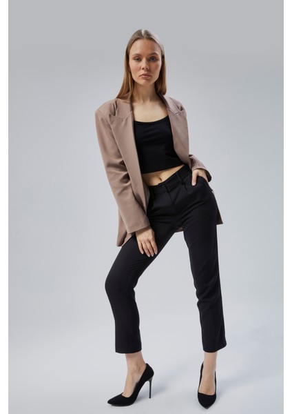 Toprak Rengi Oversize Kruvaze Yaka Astarlı Blazer Ceket