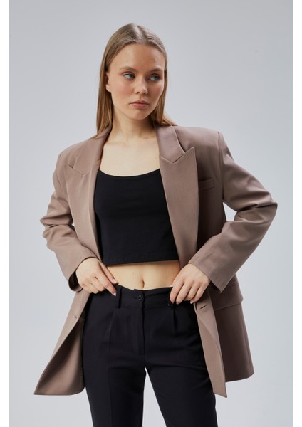 Toprak Rengi Oversize Kruvaze Yaka Astarlı Blazer Ceket