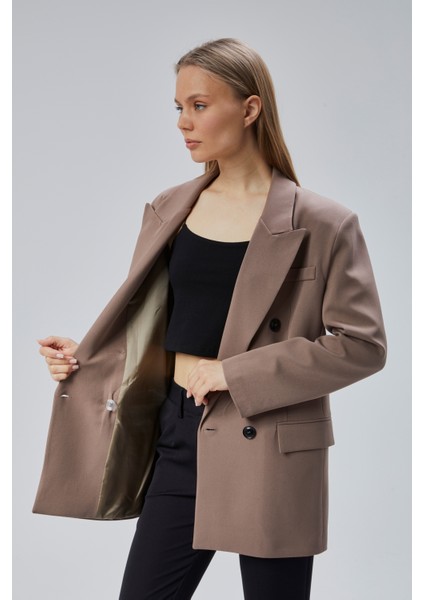 Toprak Rengi Oversize Kruvaze Yaka Astarlı Blazer Ceket