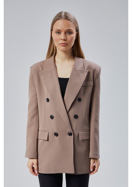 Toprak Rengi Oversize Kruvaze Yaka Astarlı Blazer Ceket