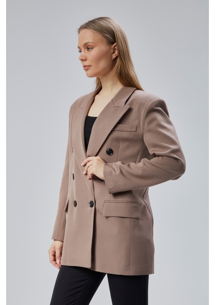 Toprak Rengi Oversize Kruvaze Yaka Astarlı Blazer Ceket