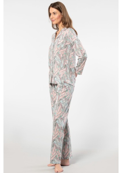 Yaprak Desenli Uzun Kollu Gömlek Yaka Pijama Takımı