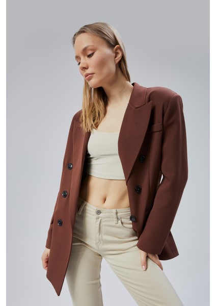 Acı Kahve Oversize Kruvaze Yaka Astarlı Blazer Ceket