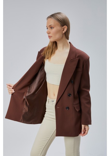 Acı Kahve Oversize Kruvaze Yaka Astarlı Blazer Ceket indirimleri