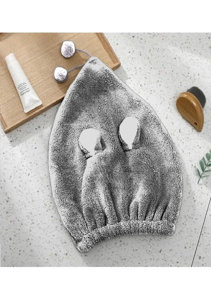 Gri Sevimli Tavşan Saç Bonesi - Banyo Saç Havlusu