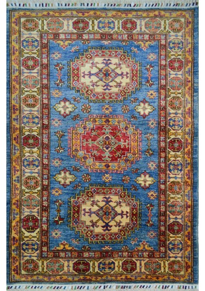El Dokuma Kirman Yününden Mavi Renk Afgan Şirvan Halısı 100 x 150 cm (1.5 M²)