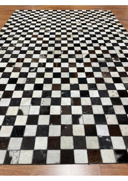 Patchwork Dama Desenli Siyah Beyaz Renk Deri Halı (120 x 180 cm , 2.16 M²)