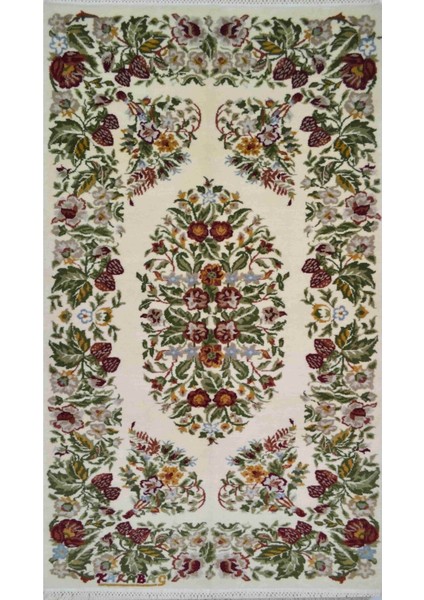 El Dokuma Ekru Renk ve Çiçek Desenli Karabağ Halısı 79 x 152 cm (1.2 M²)