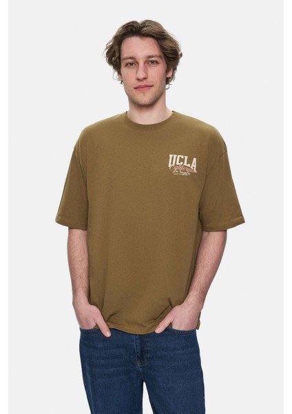 Aspen Koyu Yeşil Bisiklet Yaka Baskılı Oversize Erkek Tshirt