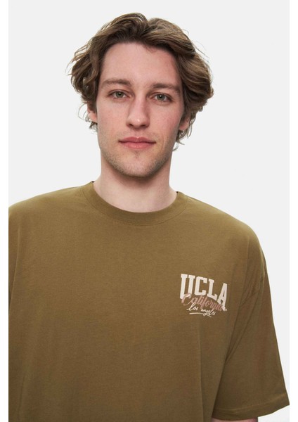 Aspen Koyu Yeşil Bisiklet Yaka Baskılı Oversize Erkek Tshirt
