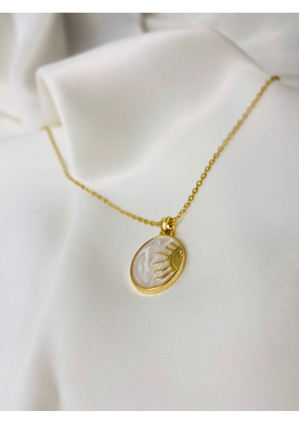 Sedef Zeminli Göz ve Güneş Figürlü Gold Çelik Kadın Kolye | Mistik ve Zarif Tasarım fiyatları