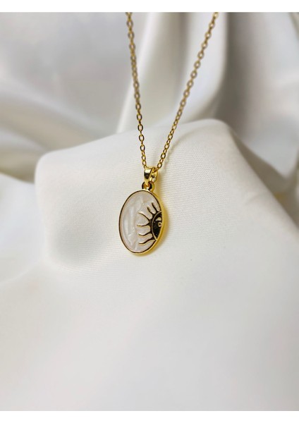 Sedef Zeminli Göz ve Güneş Figürlü Gold Çelik Kadın Kolye | Mistik ve Zarif Tasarım modelleri