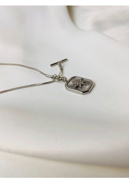 Yıldız Zirkon Taşlı Dikdörtgen Çelik Kadın Kolye | Modern ve Şık Detaylı Zincir fiyatları