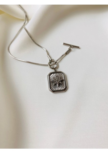 Yıldız Zirkon Taşlı Dikdörtgen Çelik Kadın Kolye | Modern ve Şık Detaylı Zincir indirimleri